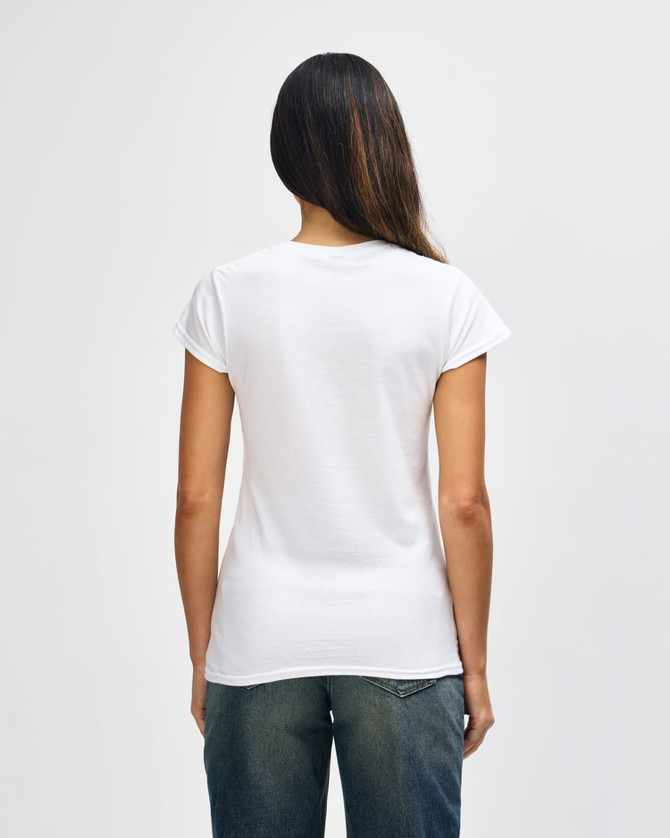 A white ladies' t-shirt with short sleeves, featuring a fitted design and a subtle logo.