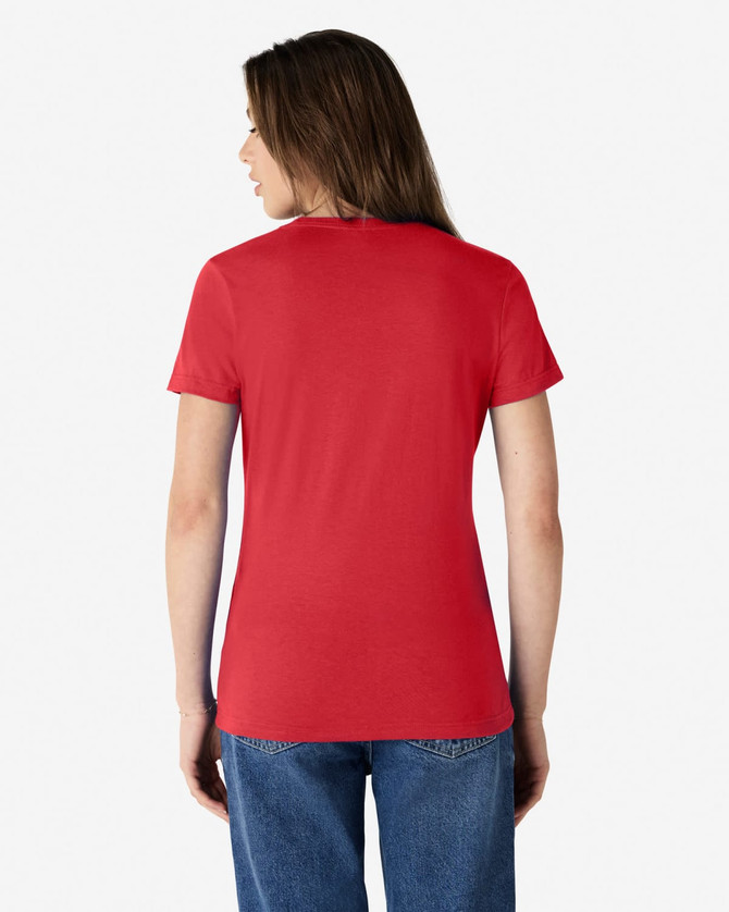 A red Gildan Softstyle ladies' t-shirt, viewed from the back, with a fitted design and short sleeves.