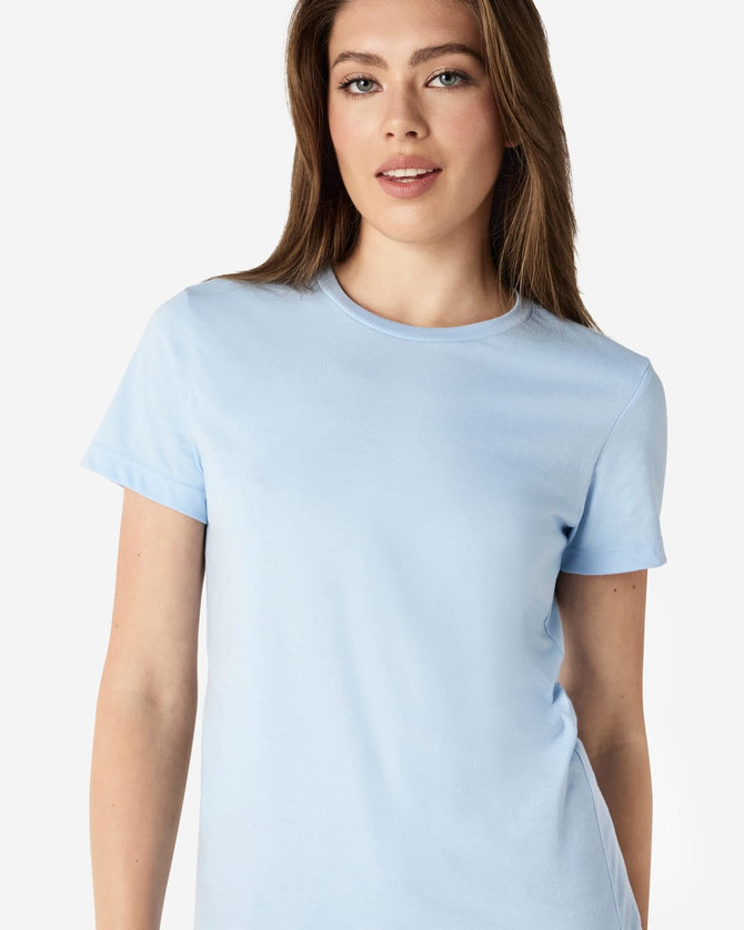 A blue ladies' T-shirt made from soft fabric, featuring a crew neck and short sleeves, with a logo.