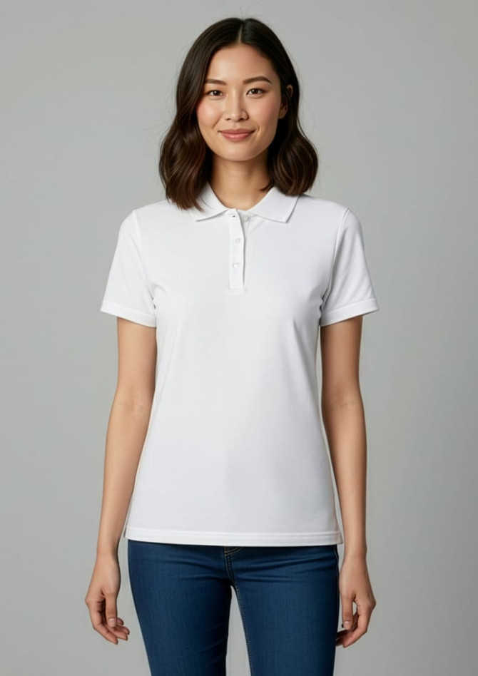A white women's short sleeve polo shirt featuring a collar and a fitted design. The model is wearing it with blue jeans.