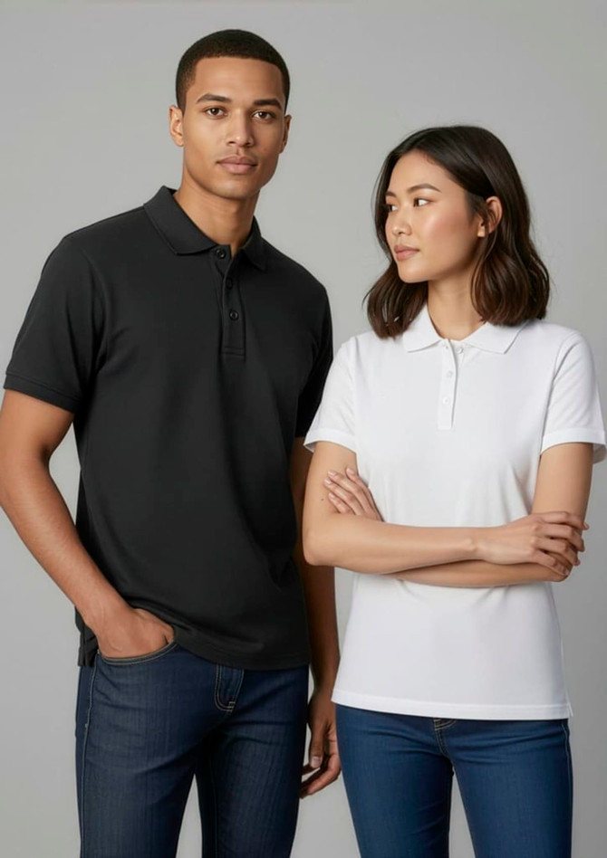A black short sleeve polo and a white short sleeve polo on two models, both featuring a logo.