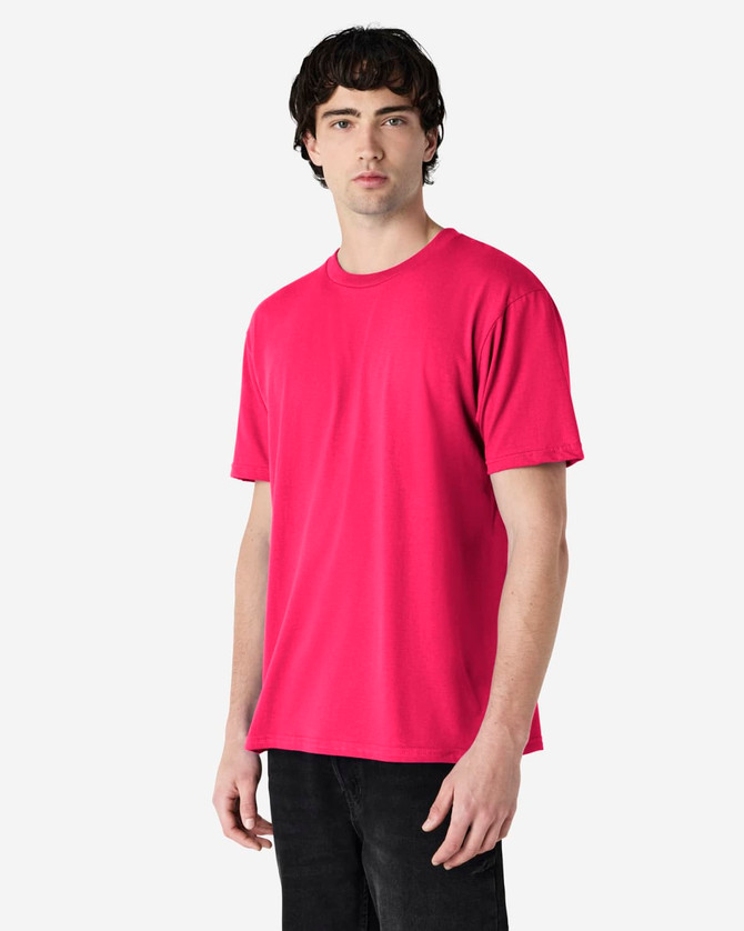 A midweight adult T-shirt in bright pink, featuring a crew neckline and short sleeves. It has a logo on the front.