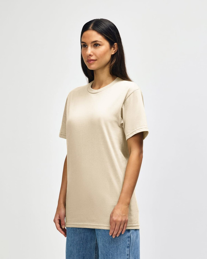 A midweight adult T-shirt in a beige colour, featuring short sleeves and a round neckline. It has a logo.