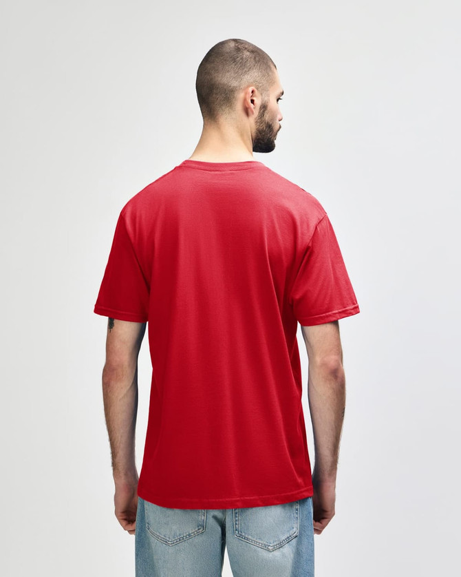 A red and navy Gildan Softstyle Adult Midweight T-Shirt, showcasing the back view of the shirt.