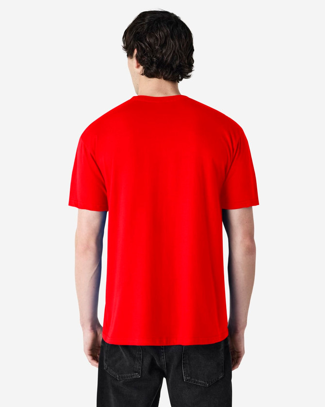 A red and navy Gildan Softstyle Adult Midweight T-Shirt, showcasing the back view of the shirt.