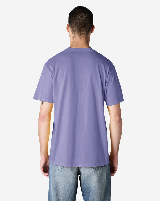 A midweight adult t-shirt in purple, featuring a simple design and a branding logo on the back.