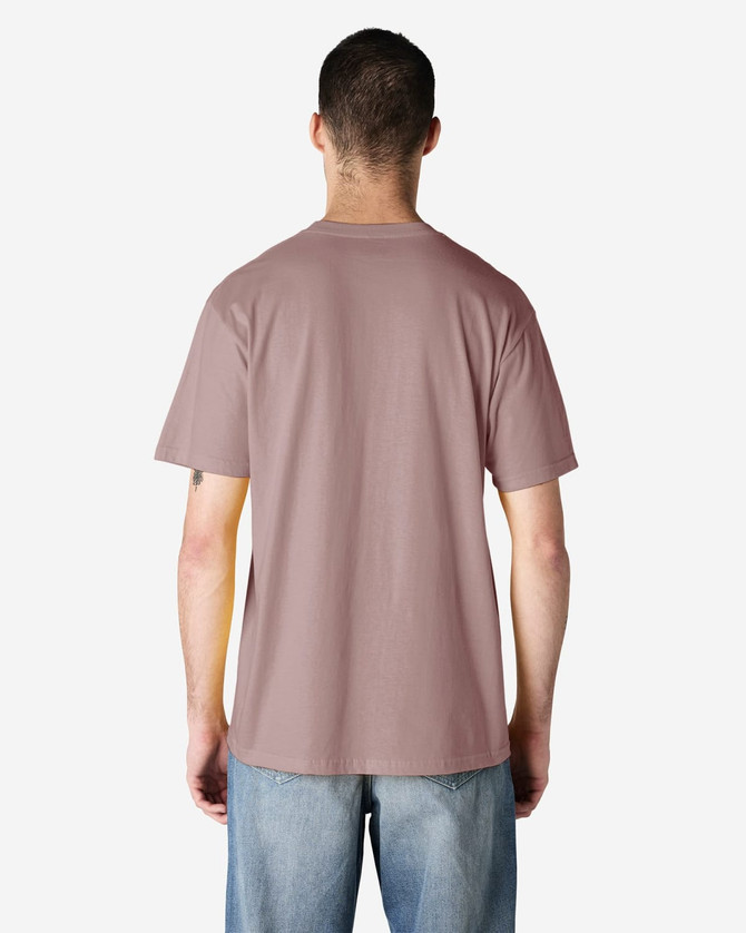 A midweight t-shirt in a muted pink shade, featuring a plain back and short sleeves. It has a branding logo.