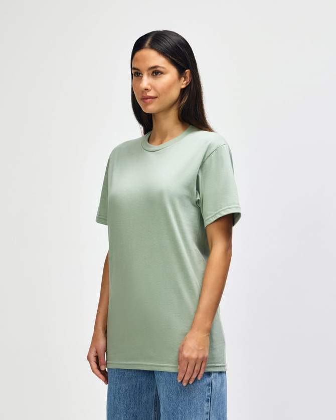 A midweight adult T-shirt in sage green, featuring a round neckline and short sleeves. It has a logo on the side.