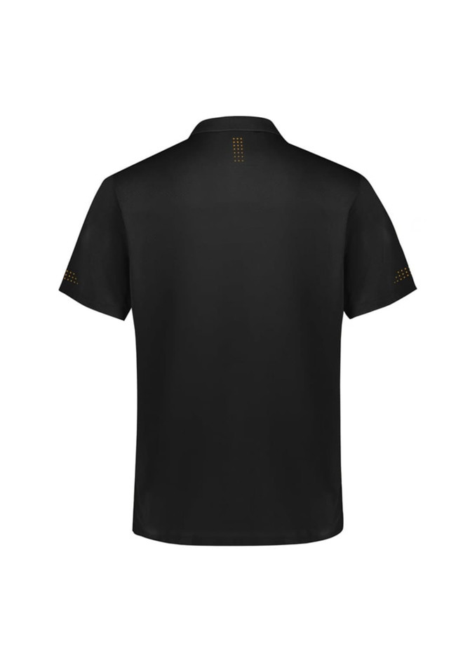 A black short sleeve polo shirt featuring detailing on the sleeves and back, with a logo present.