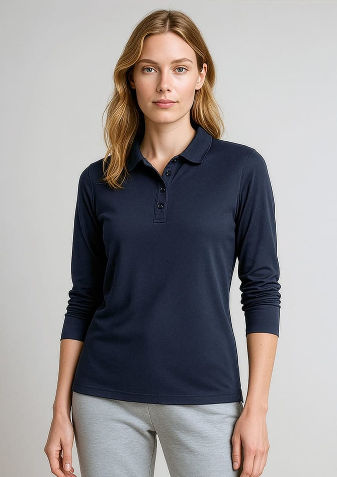 A women's long sleeve polo shirt in navy blue with a collar and button detailing, featuring a logo on the chest.