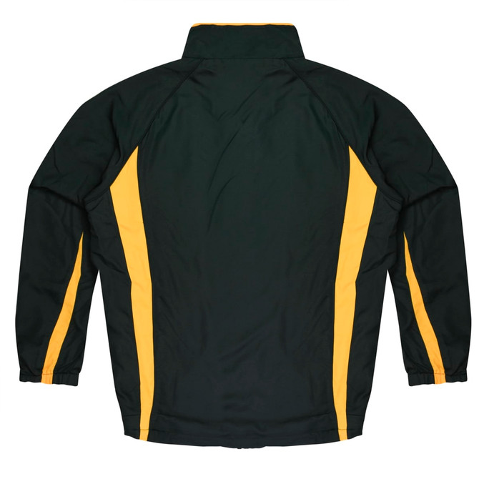 A green tracktop with yellow side panels, featuring a collar and long sleeves. It has a logo on the front.