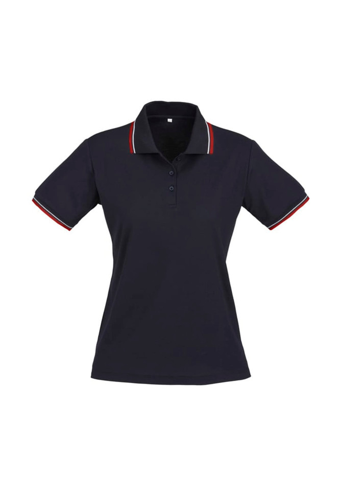 A navy short sleeve polo shirt with a contrasting red and white trim, featuring a branded logo.