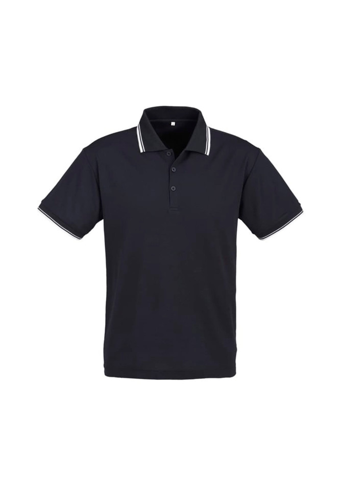 A black short sleeve polo shirt with contrasting white trim and a collar, featuring a logo.