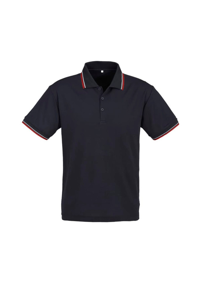 A black short sleeve polo shirt features contrasting striped detailing on the collar and sleeves, and includes a logo.