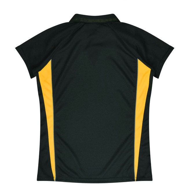 A women's polo shirt in dark green with yellow side panels and a logo.