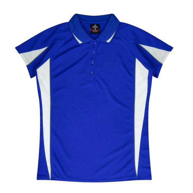 A blue polo shirt with white accents and a collar, featuring a logo on the chest area.
