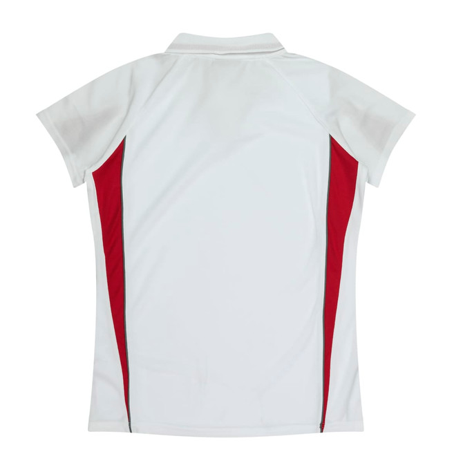A white polo shirt with red side panels and a collar, featuring a logo on the back.
