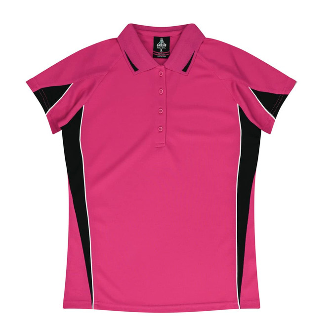 A pink polo shirt featuring black accents and a logo. Designed for casual or sporty wear.