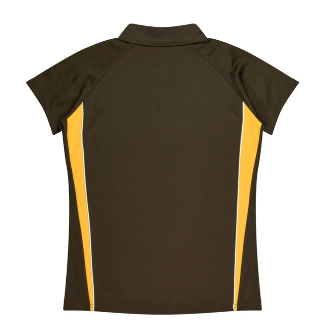 A dark green polo shirt with yellow and white side panels, featuring a collar and a solid back design.