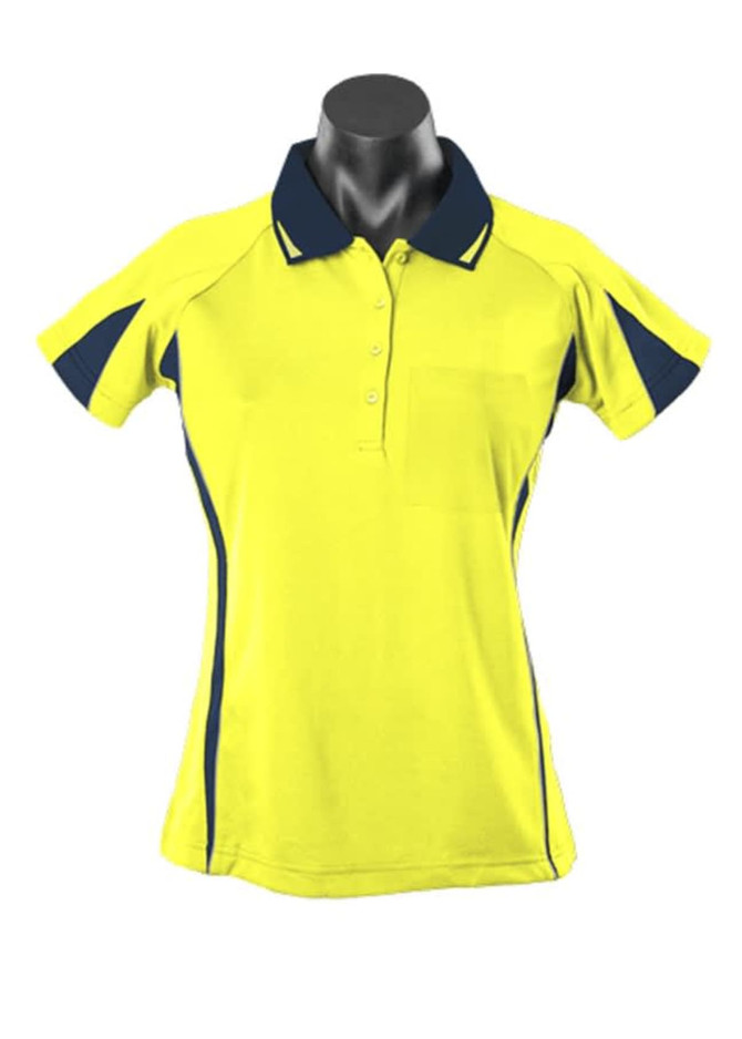 A yellow and navy polo shirt featuring a collared neckline and short sleeves. The shirt has an accent colour design.