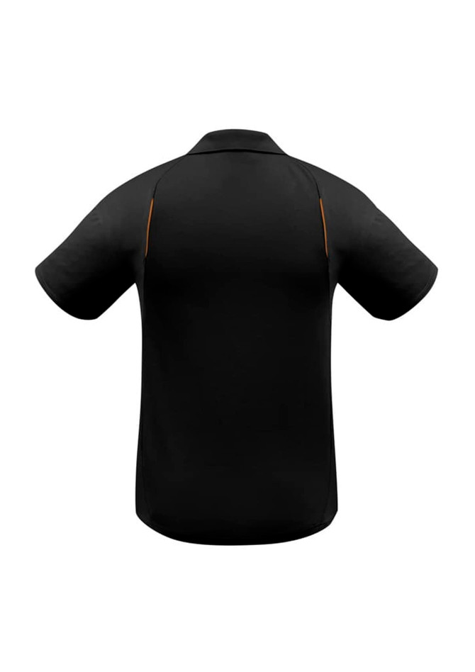 A black short sleeve polo shirt with a subtle design. Features a logo on the front.