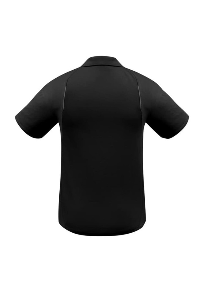 A black short sleeve polo shirt with a simple design and a logo on the back.