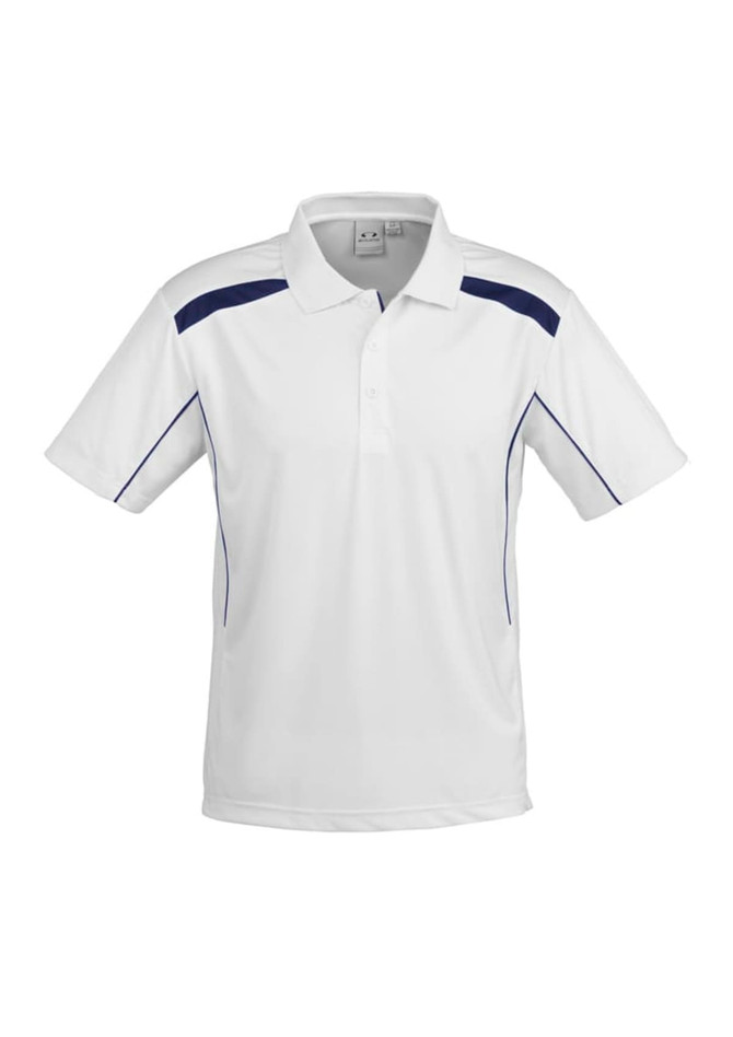 A white short sleeve polo shirt featuring navy accents and a logo. Suitable for casual or sporty wear.
