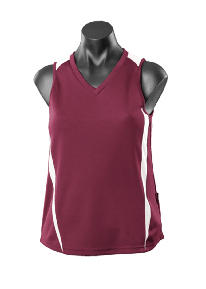 A maroon singlet featuring white side accents, displayed on a mannequin. Includes a brand logo.