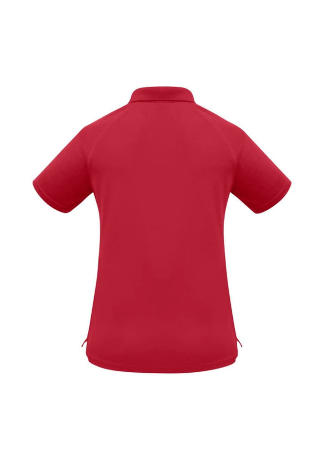 A red women's short sleeve polo shirt with a collar and side slits. It features a logo on the back.