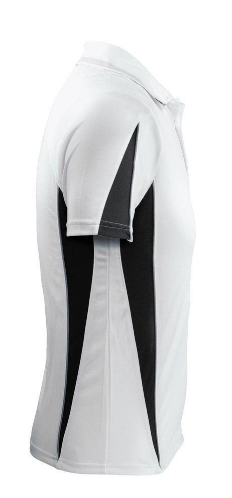 A white and black polo shirt featuring a logo, designed with contrasting side panels.