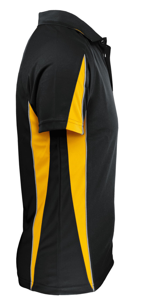 A black and yellow polo shirt featuring a side design and a collar, with a logo on the chest.