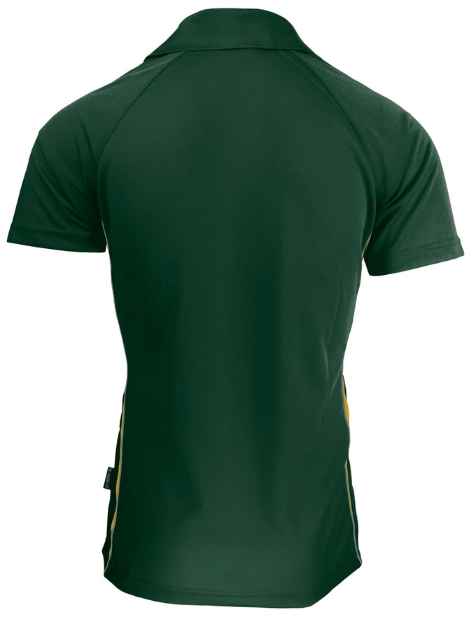A dark green polo shirt with a fitted design and contrasting side stripes. It features a logo on the front.