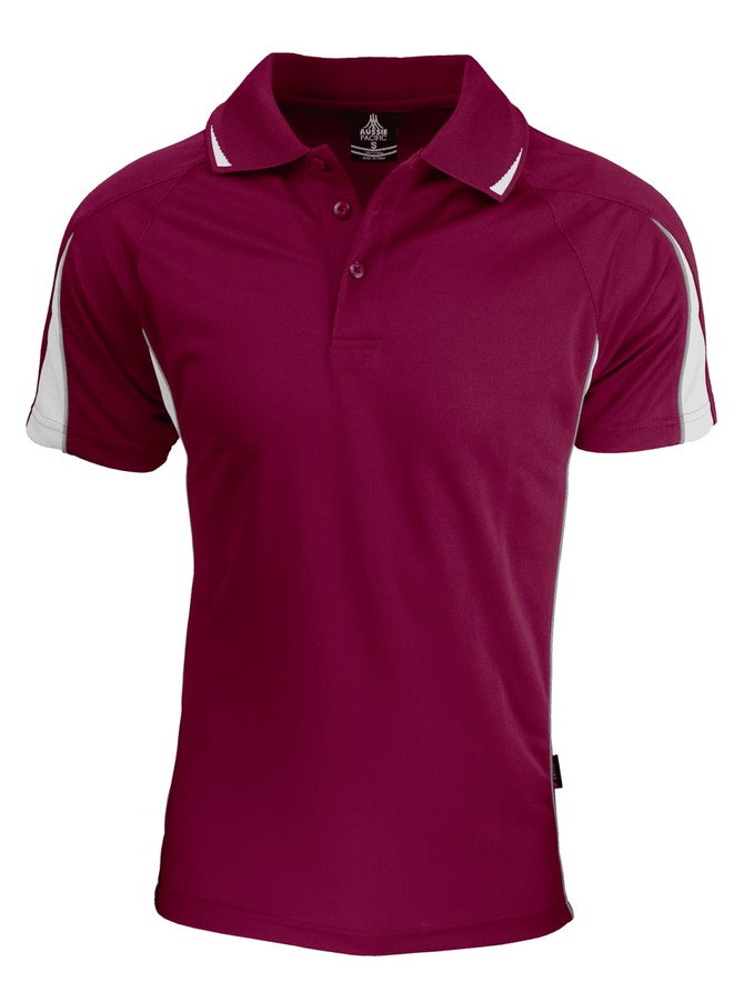 A maroon polo shirt with white side panels. Features a collar and a branding logo.