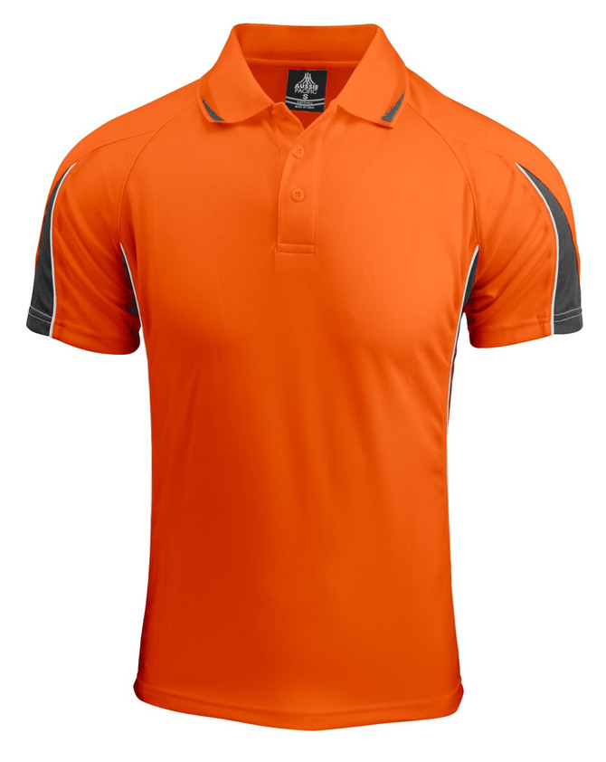 An orange polo shirt featuring grey accents and a logo. Suitable for casual or sporty wear.