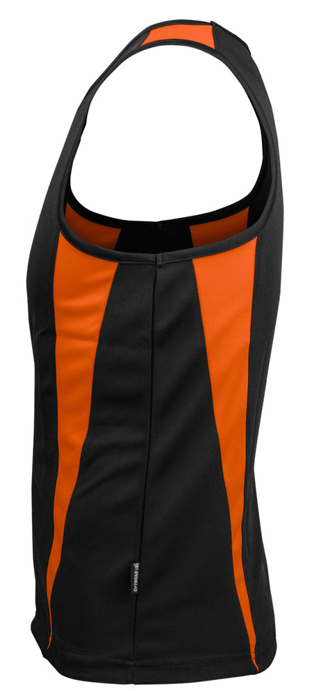 A black singlet featuring orange stripe detailing and a branded label on the side.