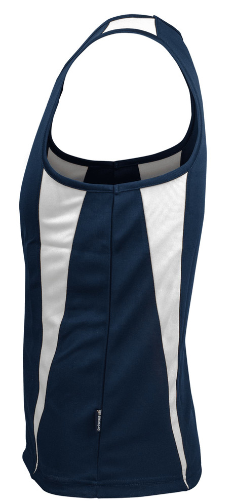 A navy singlet with white stripes, featuring a logo on the side. Ideal for casual wear or sports activities.