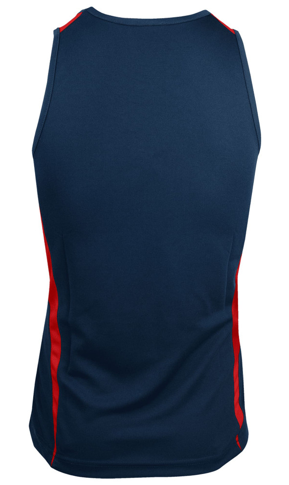 A navy blue singlet with red side stripes, featuring a logo on the back.