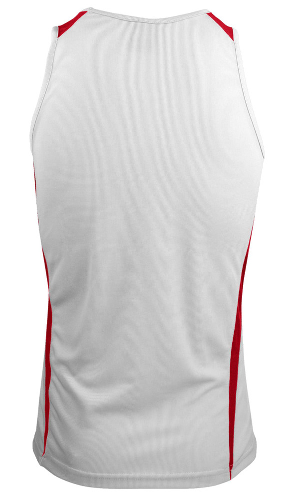 A white sleeveless singlet featuring red side panels and a logo.