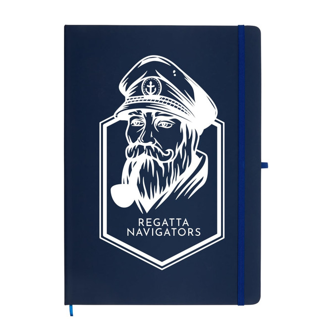 A navy A4 notebook featuring a captain's illustration and a logo, complete with a blue elastic band.
