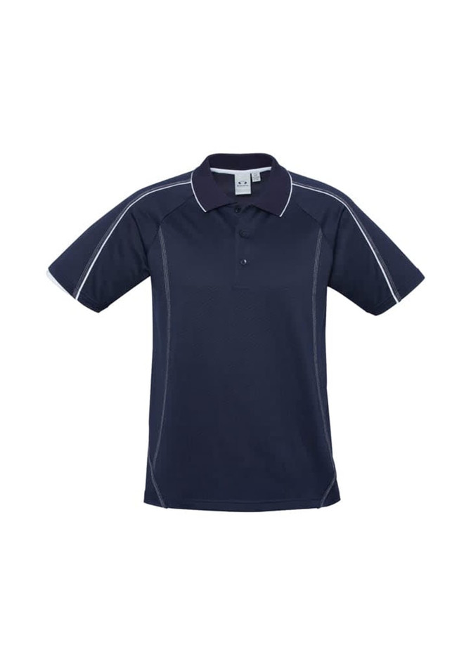 A navy short sleeve polo shirt with contrasting stitching and a collar, featuring a logo.