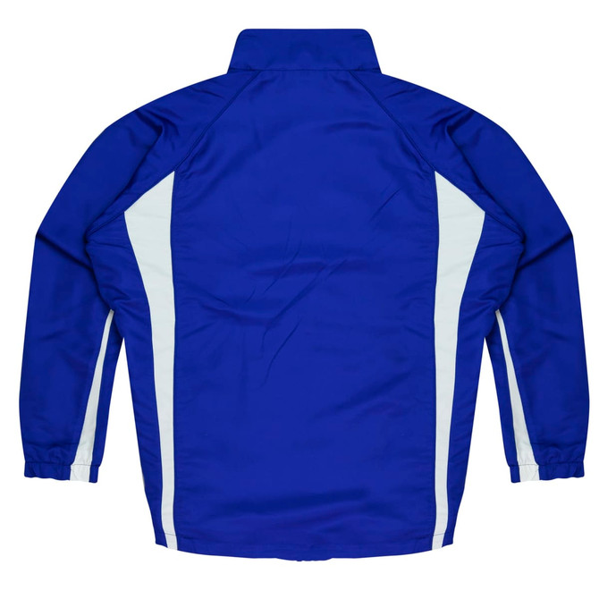 A blue tracktop featuring white side panels and a high collar, designed for kids. It has a branded logo.