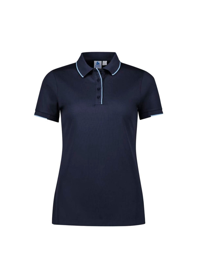 A navy women's short sleeve polo shirt featuring a contrasting collar and buttons, with a logo on the chest.