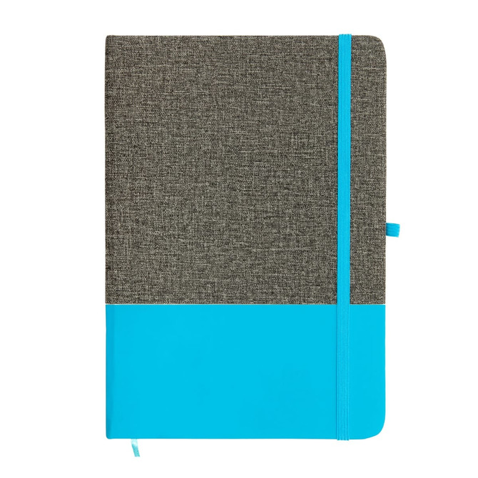 A Venture Bondi A5 Notebook featuring a textured gray cover with a bright blue lower section and elastic closure.