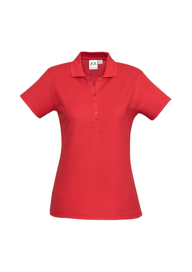 A red polo shirt featuring a collar, short sleeves, and a button placket. It has a logo on the inner tag.