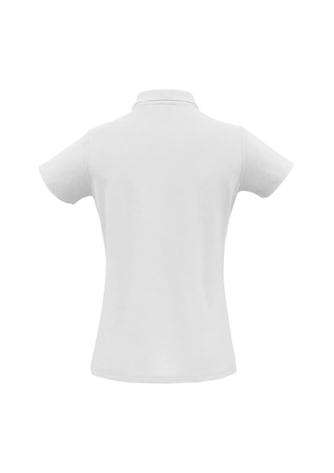 A white polo shirt with short sleeves and a collar, featuring a logo.