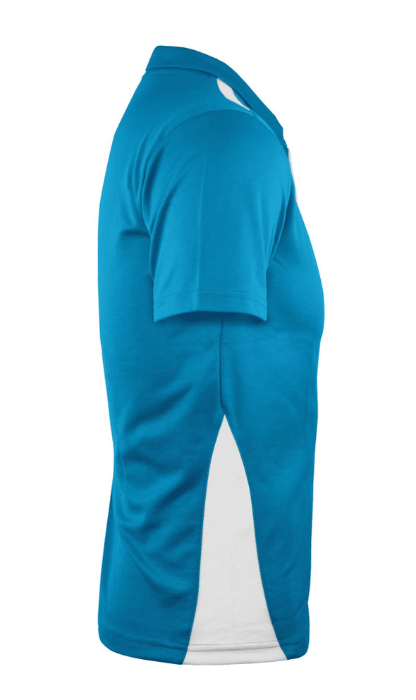 A blue polo shirt with white accents, featuring a collar and short sleeves. It has a logo on the chest.