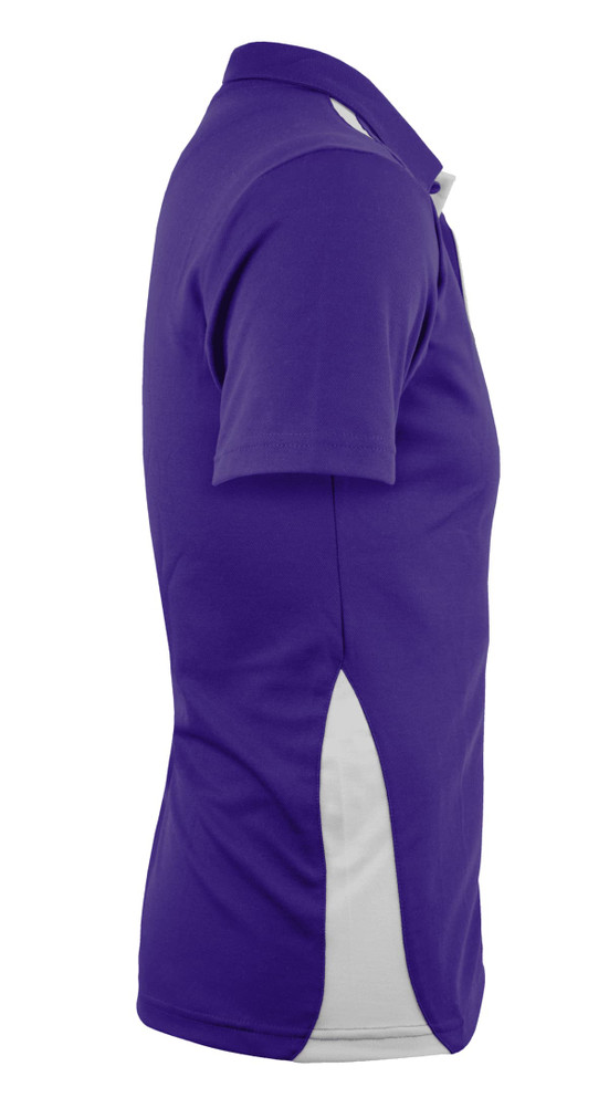 A purple polo shirt with a white side panel, featuring a collar and short sleeves, and a logo on the chest.