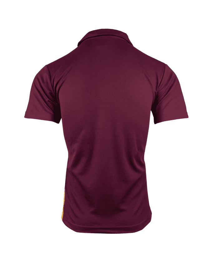 A maroon polo shirt with a plain back and a logo. Suitable for casual or promotional wear.