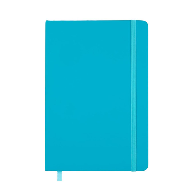 A vibrant turquoise Venture A5 Notebook featuring a smooth cover and a matching elastic closure.