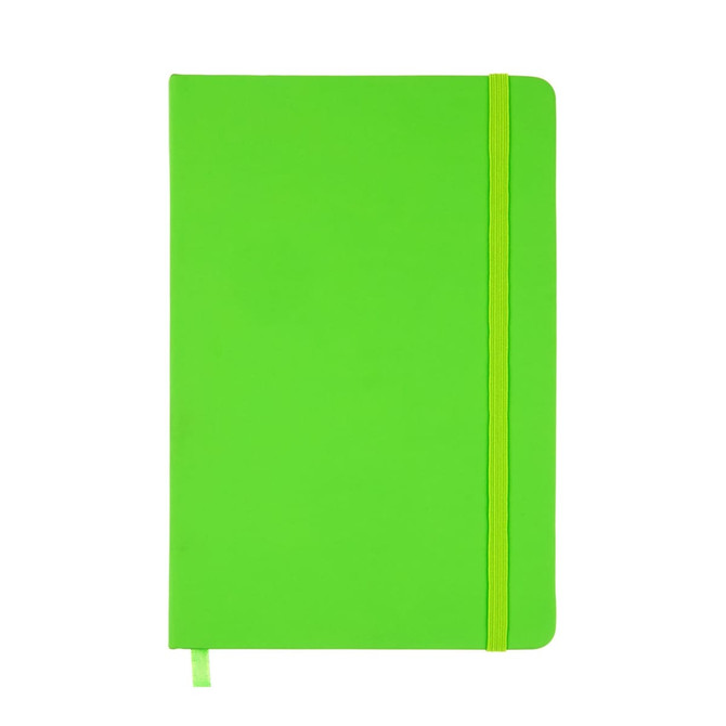 A vibrant green A5 notebook featuring a smooth cover, an elastic band closure, and a ribbon bookmark.